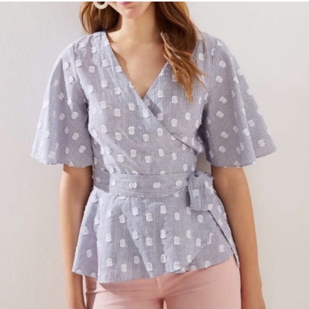 LOFT Blue White Stripe Polka Dot Wrap Peplum Blouse Top Flutter Sleeve XS